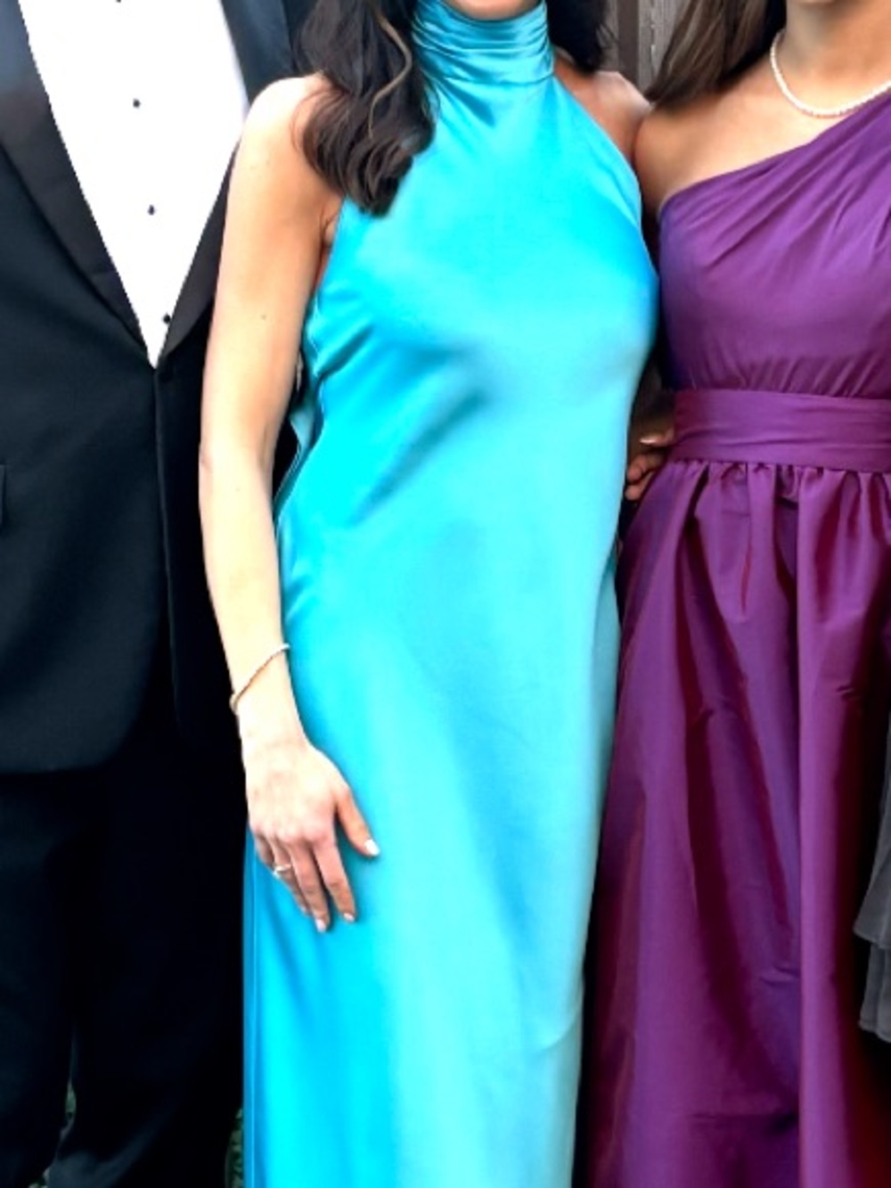 Ramy Brook Teal Tatiana High-Neck Satin Formal Dress